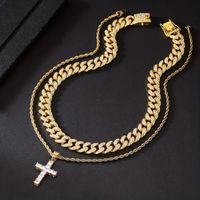 304 Stainless Steel Copper Hip-Hop Vintage Style Simple Style Plating Inlay Cross Zircon Double Layer Necklaces main image 5