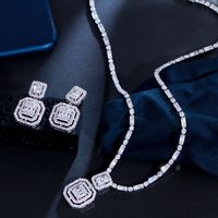 Luxurious Bridal Square Copper Inlay Artificial Gemstones White Gold Plated Rhodium Plated Jewelry Set main image 6