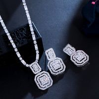 Luxurious Bridal Square Copper Inlay Artificial Gemstones White Gold Plated Rhodium Plated Jewelry Set sku image 2