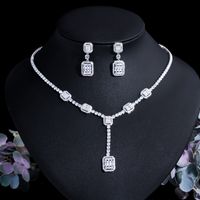 Copper White Gold Plated Luxurious Bridal Shiny Plating Inlay Square Artificial Gemstones Jewelry Set main image 9