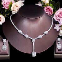Copper White Gold Plated Luxurious Bridal Shiny Plating Inlay Square Artificial Gemstones Jewelry Set main image 2