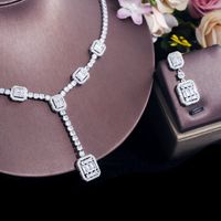 Copper White Gold Plated Luxurious Bridal Shiny Plating Inlay Square Artificial Gemstones Jewelry Set main image 7