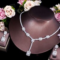 Copper White Gold Plated Luxurious Bridal Shiny Plating Inlay Square Artificial Gemstones Jewelry Set main image 6