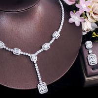 Copper White Gold Plated Luxurious Bridal Shiny Plating Inlay Square Artificial Gemstones Jewelry Set main image 5