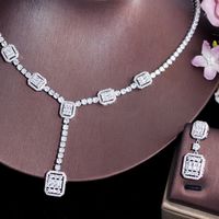 Copper White Gold Plated Luxurious Bridal Shiny Plating Inlay Square Artificial Gemstones Jewelry Set main image 8