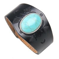 Wide Leather Bracelet Embossed Snap Button Turquoise Couple Bracelet sku image 12