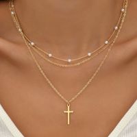 Lady Simple Style Cross White Gold Plated Gold Plated Imitation Pearl Alloy Wholesale Double Layer Necklaces Pendant Necklace main image 1