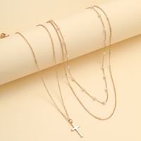 Lady Simple Style Cross White Gold Plated Gold Plated Imitation Pearl Alloy Wholesale Double Layer Necklaces Pendant Necklace main image 6