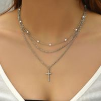 Lady Simple Style Cross White Gold Plated Gold Plated Imitation Pearl Alloy Wholesale Double Layer Necklaces Pendant Necklace main image 5