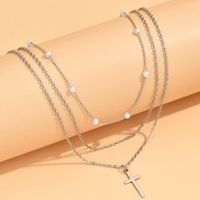Lady Simple Style Cross White Gold Plated Gold Plated Imitation Pearl Alloy Wholesale Double Layer Necklaces Pendant Necklace main image 2