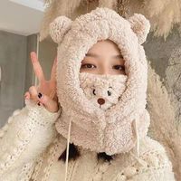 Autumn And Winter New Hat Scarf Integrated Korean All-match Warm Embroidered Bear Plush Bonnet Cold-proof Warm Hat sku image 3
