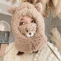 Autumn And Winter New Hat Scarf Integrated Korean All-match Warm Embroidered Bear Plush Bonnet Cold-proof Warm Hat main image 3