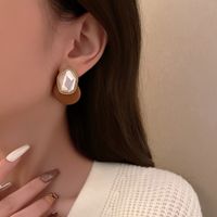 1 Paire Élégant Bloc De Couleur Incruster Faux Cuir Alliage Perles Artificielles Boucles D'oreilles main image 3