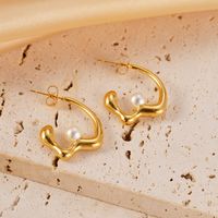1 Pair Vacation Simple Style C Shape Plating Inlay 304 Stainless Steel Pearl 14K Gold Plated Ear Studs sku image 4