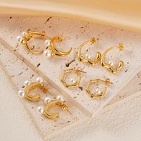 1 Pair Vacation Simple Style C Shape Plating Inlay 304 Stainless Steel Pearl 14K Gold Plated Ear Studs main image 6