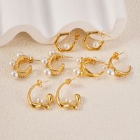1 Pair Vacation Simple Style C Shape Plating Inlay 304 Stainless Steel Pearl 14K Gold Plated Ear Studs main image 5