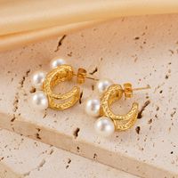 1 Pair Vacation Simple Style C Shape Plating Inlay 304 Stainless Steel Pearl 14K Gold Plated Ear Studs main image 4