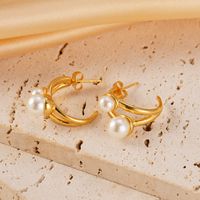 1 Pair Vacation Simple Style C Shape Plating Inlay 304 Stainless Steel Pearl 14K Gold Plated Ear Studs sku image 1