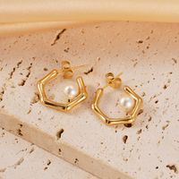 1 Pair Vacation Simple Style C Shape Plating Inlay 304 Stainless Steel Pearl 14K Gold Plated Ear Studs main image 2