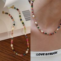 Vintage Style Color Block Natural Stone Freshwater Pearl Titanium Steel Beaded Plating Gold Plated Necklace main image 1