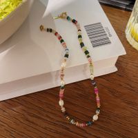 Vintage Style Color Block Natural Stone Freshwater Pearl Titanium Steel Beaded Plating Gold Plated Necklace main image 5