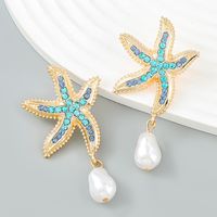Wholesale Jewelry Vintage Style Starfish Alloy Rhinestones Plating Inlay Drop Earrings main image 6