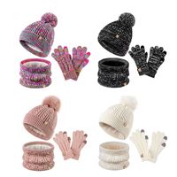 Children's Fur Ball Hat Scarf Gloves Three-piece Set Winter Children's Fleece-lined Thermal Knitting Suit main image 2
