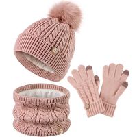 Children's Fur Ball Hat Scarf Gloves Three-piece Set Winter Children's Fleece-lined Thermal Knitting Suit sku image 2