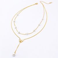 Retro French Style Butterfly Artificial Pearl Titanium Steel Plating 18k Gold Plated Layered Necklaces main image 3