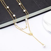 Retro French Style Butterfly Artificial Pearl Titanium Steel Plating 18k Gold Plated Layered Necklaces main image 4