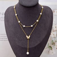 Retro French Style Butterfly Artificial Pearl Titanium Steel Plating 18k Gold Plated Layered Necklaces sku image 1