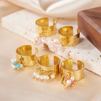 Sweet Artistic Round Stainless Steel Plating Inlay Freshwater Pearl 18k Gold Plated Open Rings main image 1