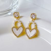 1 Pair Simple Style Heart Shape Inlay Copper Pearl Zircon Drop Earrings main image 4