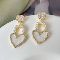 1 Pair Simple Style Heart Shape Inlay Copper Pearl Zircon Drop Earrings main image 3
