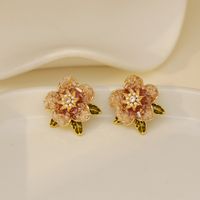 1 Pair Sweet Flower Enamel Plating Inlay Copper Artificial Pearls Crystal 14k Gold Plated Ear Studs sku image 1