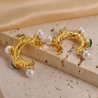1 Pair Modern Style C Shape Plating Inlay 304 Stainless Steel Pearl Zircon 14K Gold Plated Earrings sku image 1