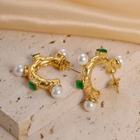 1 Pair Modern Style C Shape Plating Inlay 304 Stainless Steel Pearl Zircon 14K Gold Plated Earrings main image 2