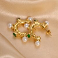 1 Pair Modern Style C Shape Plating Inlay 304 Stainless Steel Pearl Zircon 14K Gold Plated Earrings main image 3