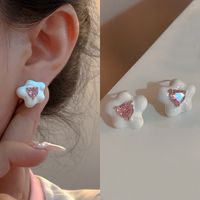 Fashion Heart Shape Flower Copper Beaded Plating Inlay Pearl Zircon Earrings Ear Studs 1 Pair sku image 20