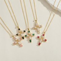 Sweet Cross Copper Plating Inlay Zircon 14k Gold Plated Pendant Necklace main image 4