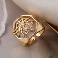 Retro Punk Spider Spider Web Copper Plating Inlay Zircon 18k Gold Plated Open Rings sku image 2