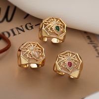 Retro Punk Spider Spider Web Copper Plating Inlay Zircon 18k Gold Plated Open Rings main image 1