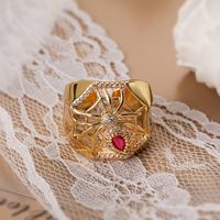 Retro Punk Spider Spider Web Copper Plating Inlay Zircon 18k Gold Plated Open Rings sku image 1