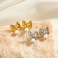1 Pair Ig Style Sweet Bow Knot Plating Inlay Titanium Steel Pearl Earrings main image 1
