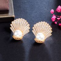 1 Pair Elegant Romantic Sweet Shell Plating Inlay Copper Artificial Pearls Artificial Diamond Rhodium Plated Silver Plated Ear Studs main image 7