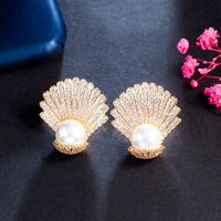 1 Pair Elegant Romantic Sweet Shell Plating Inlay Copper Artificial Pearls Artificial Diamond Rhodium Plated Silver Plated Ear Studs main image 4