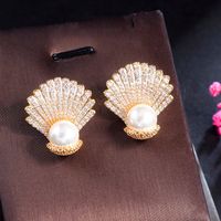 1 Pair Elegant Romantic Sweet Shell Plating Inlay Copper Artificial Pearls Artificial Diamond Rhodium Plated Silver Plated Ear Studs main image 6