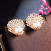 1 Pair Elegant Romantic Sweet Shell Plating Inlay Copper Artificial Pearls Artificial Diamond Rhodium Plated Silver Plated Ear Studs main image 5