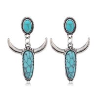 1 Pair Ethnic Style Horns Inlay Alloy Turquoise Silver Plated Drop Earrings main image 2