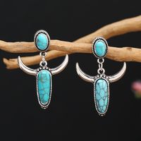 1 Pair Ethnic Style Horns Inlay Alloy Turquoise Silver Plated Drop Earrings main image 1